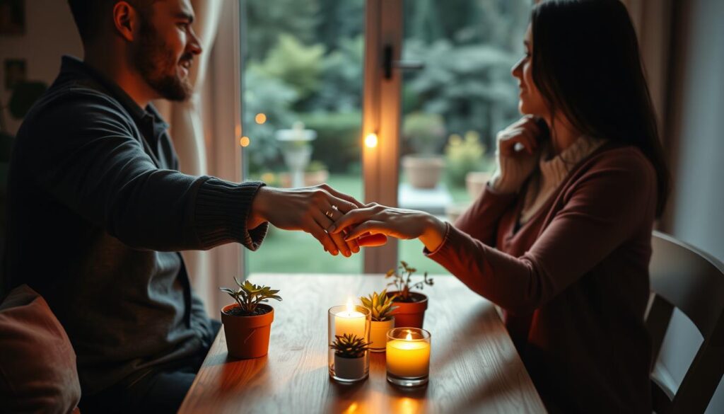 In a softly lit cozy room, a beautiful Caucasian couple sits across from each other at a small wooden table. The foreground features their hands gently touching, symbolizing connection, with delicate golden rings glinting in the light. In the middle ground, a flickering candle emits warm, inviting light, along with small potted plants, representing growth and nurturing their bond. In the background, a large window allows a view of a serene garden, hinting at tranquility outside. The atmosphere is intimate and loving, with soft shadows creating depth. The angle captures the warmth of their interaction, emphasizing closeness and emotional connection. The overall mood is romantic and serene, evoking the idea of sustaining love over time.