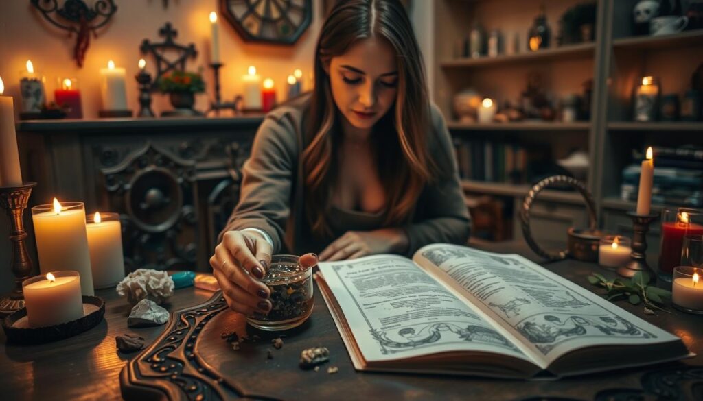 In a softly lit, inviting space focused on preparing for a love spell, a beautiful Caucasian woman in modest casual clothing kneels at an ornate wooden table. She is surrounded by an array of colorful candles, crystals, and herbs, each arranged with intention. The foreground features a close-up of her delicate hands mixing a fragrant potion in a small bowl, with shimmering ingredients catching the light. In the middle ground, the table displays an open spellbook, with intricate illustrations and notes on love. The background shows softly lit shelves filled with mystical items, enhancing the enchanting atmosphere. The overall mood is serene and focused, creating a sense of sacred preparation for the spellwork. The lighting is warm and ambient, highlighting the details and textures without harsh shadows.