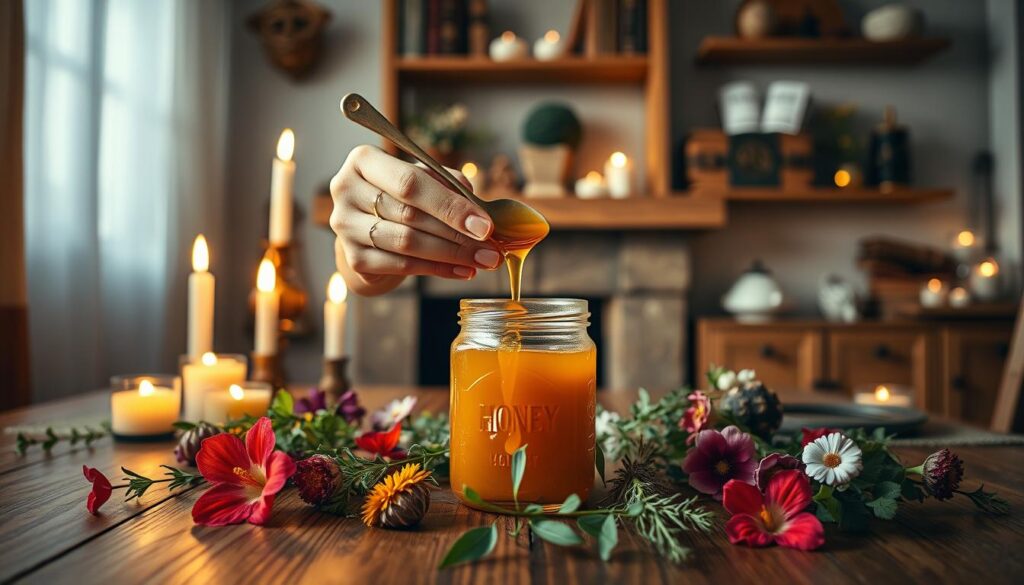 In a softly lit room filled with a warm, inviting glow, a beautiful Caucasian woman dresses a honey jar on a wooden table. The foreground features her hands adorned with delicate rings, holding a spoonful of golden honey, which drips enticingly into the jar. Surrounding the jar are vibrant herbs and flowers, symbolizing love and attraction, their colors rich and vivid. In the middle ground, candles flicker gently, casting a harmonious light that dances across the scene. In the background, shelves hold mystical items like crystals and spell books, enhancing the ritual's atmosphere. The entire setting exudes a sense of tranquility and romance, with an enchanting, magical aura, perfect for the honey jar sweetening spell. The angle captures this intimate ritual close-up, inviting the viewer into the experience.