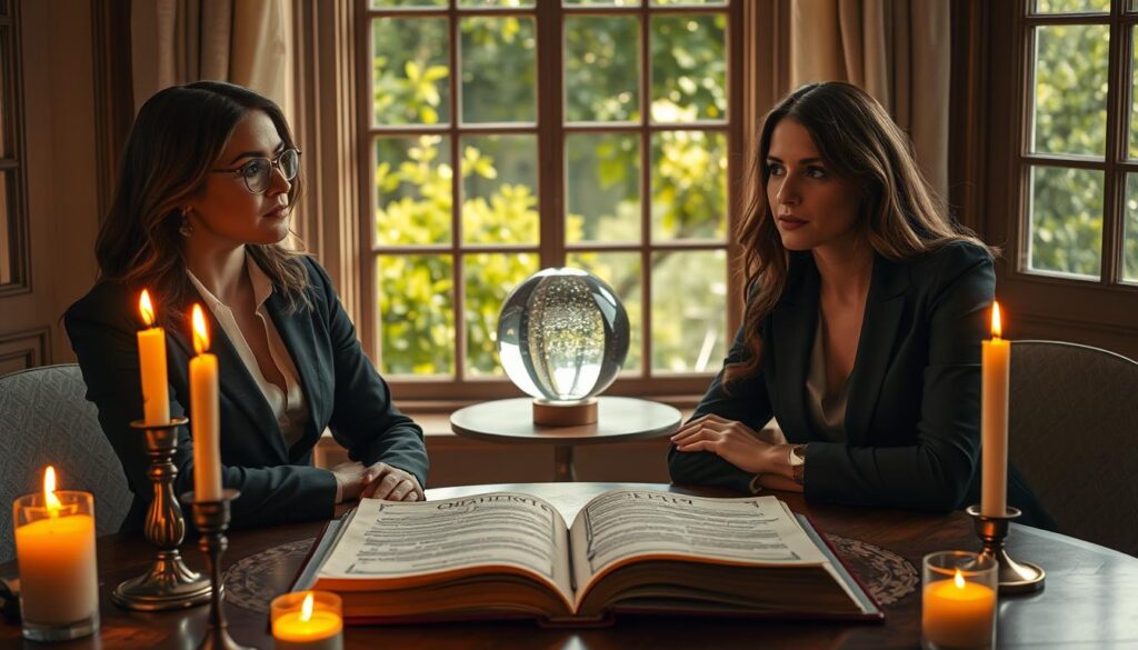 In a softly lit, serene setting, two beautiful Caucasian figures in professional business attire are seated at a round table, engaged in a thoughtful discussion about ethics and consent in love spells. The foreground shows an intricately designed spell book open between them, surrounded by candles flickering gently, casting warm shadows. In the middle ground, a crystal ball reflects light, symbolizing clarity of intention. The background features lush greenery through a window, representing nature's harmony with free will. The overall mood is contemplative and respectful, inviting viewers to reflect on responsible spellwork and the significance of intention in love magic. The lighting is warm and inviting, enhancing the tranquil atmosphere while maintaining a professional tone.
