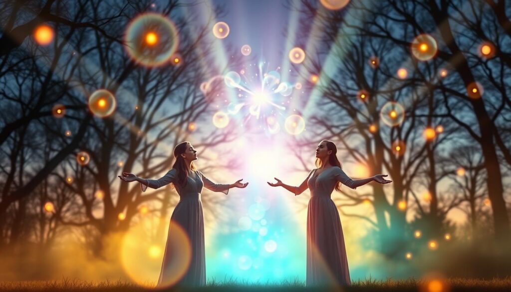 Vibrant visual representation of energy in a mystical and serene setting, featuring luminous orbs of light flowing gracefully through the air. In the foreground, beautiful Caucasian figures stand with arms outstretched, dressed in elegant, modest attire, channeling their intentions towards the glowing orbs. The middle ground showcases gentle waves of energy rippling outward, reflecting a spectrum of warm colors—gold, teal, and violet—symbolizing love and connection. In the background, softly blurred silhouettes of ethereal trees and a twilight sky create a tranquil atmosphere, with rays of soft, diffused light breaking through the branches. The overall mood is enchanting and contemplative, evoking a sense of power, focus, and harmonious ritual. Shot with a wide-angle lens to emphasize the expansive energy field surrounding the figures.
