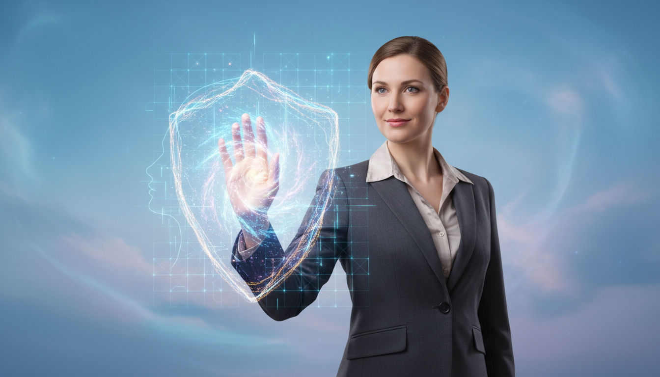 A serene and ethereal representation of digital protection, featuring a beautiful Caucasian woman in professional business attire, standing confidently. In the foreground, she reaches out with one hand, surrounded by glowing, intricate patterns of light that symbolize her unique energetic signature. The middle ground showcases a subtle digital grid or network overlay, hinting at her digital identity being safeguarded. In the background, a soft, dreamy gradient of blue and purple hues creates an atmosphere of calm and security, with wispy cloud-like formations enhancing the feeling of protection. The lighting casts a gentle, luminous glow on her figure, emphasizing her connection to her aura. The image should invite feelings of empowerment and serenity, as if she's embracing her digital self.