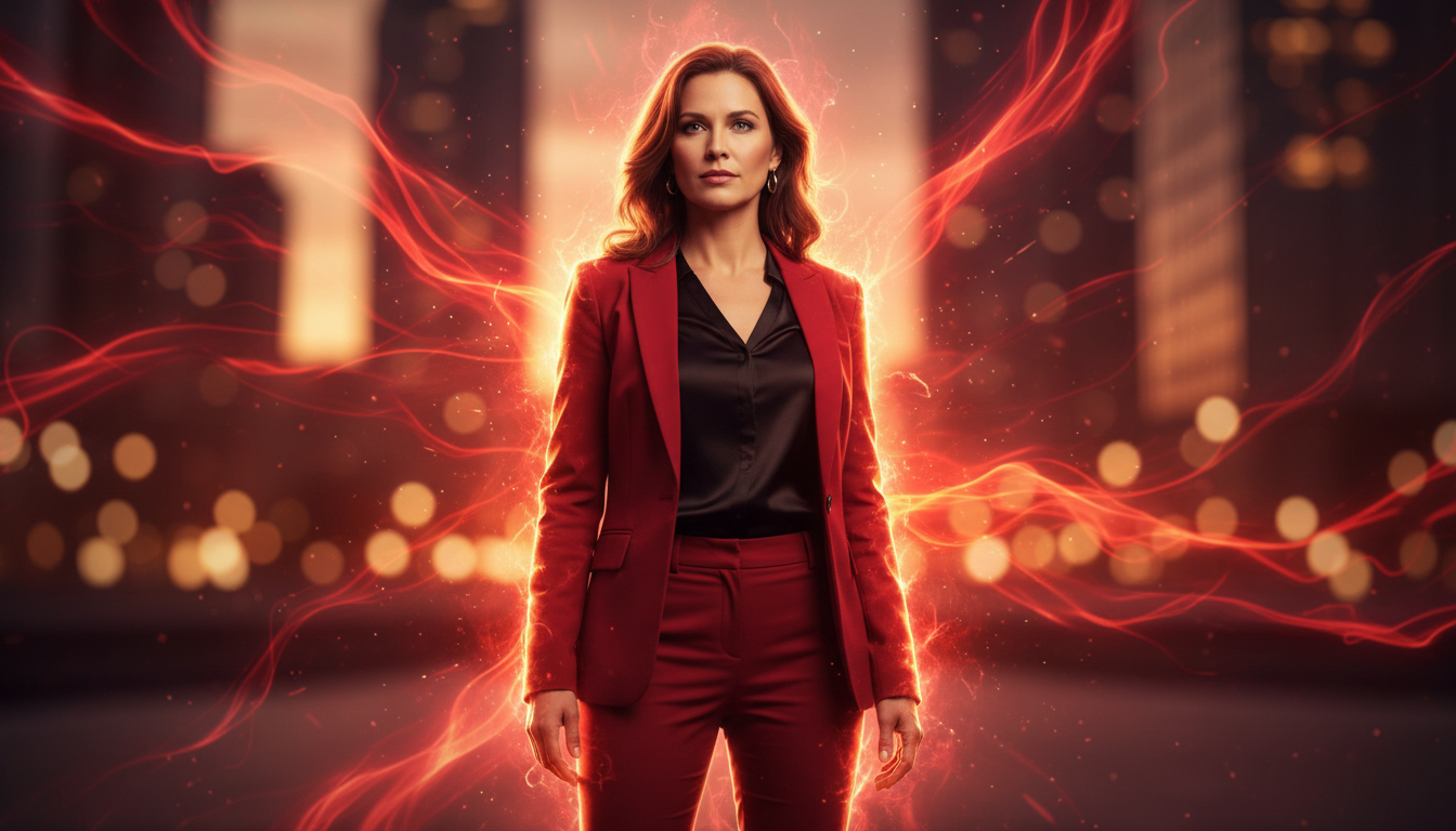 A captivating image of a red aura energy radiating around a beautiful Caucasian figure, who stands tall and confident at the foreground. The figure is in professional business attire, embodying a sense of vitality and strength. In the middle ground, the swirling patterns of vibrant red hues create a dynamic interplay of light and energy, showcasing the intensity of the red aura. The background is softly blurred, with warm, glowing light that enhances the overall atmosphere, evoking feelings of power and passion. Use warm lighting to highlight the contours of the figure, capturing the ethereal quality of the aura. The angle is slightly below eye level to emphasize the figure's presence and the dynamic energy surrounding them, creating an engaging and inspirational visual representation.