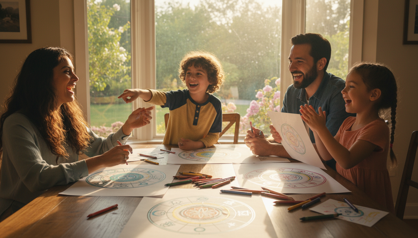 A bright and inviting image portraying a diverse family of four, including two cheerful kids, engaged in a playful planning session at a cozy home setting. In the foreground, the family sits around a colorful table filled with art supplies, charts, and visual tools representing their unique energetic signatures. The kids, a boy and a girl, are excitedly discussing ideas, their eyes sparkling with creativity. In the middle ground, warm sunlight streams through a large window, creating a welcoming atmosphere. Soft greenery outside adds a touch of nature to the backdrop, enhancing the feeling of tranquility. The scene captures a mood of joy, collaboration, and positive energy, emphasizing connection and creativity. The composition is shot at a slight angle to highlight the interplay of light and the family's expressions.