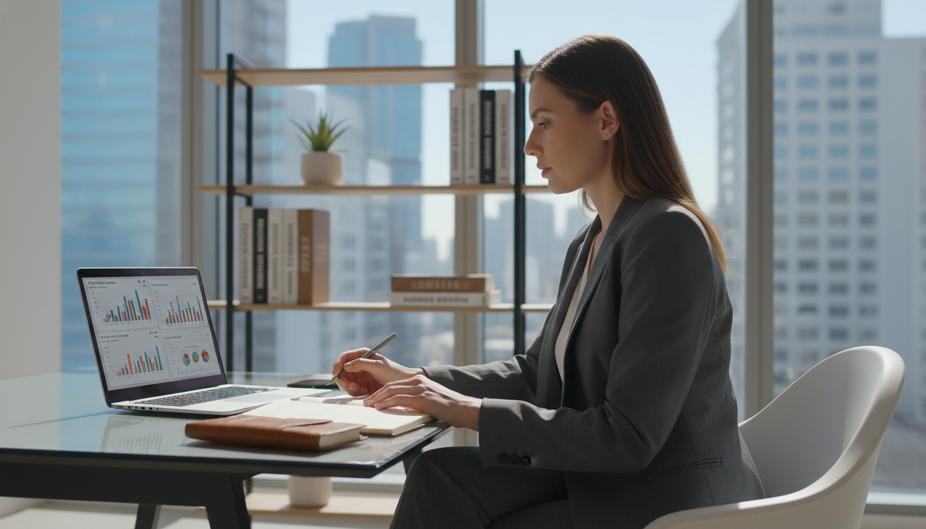 A serene office environment showcasing financial safeguards, featuring a beautiful Caucasian woman in professional business attire, sitting at a sleek desk with a laptop displaying credit monitoring graphs and alerts. In the foreground, her attentive expression conveys focus and confidence, while her hands are poised over a notebook filled with notes. The middle ground includes a stylish bookshelf filled with finance books and a small potted plant, adding a touch of life. The background subtly features large windows showcasing a bright city skyline, with soft, natural lighting pouring in that highlights the scene. The overall atmosphere is one of professionalism and tranquility, emphasizing the importance of proactive credit protection. The angle should be slightly elevated, capturing both the subject and her workspace harmoniously.