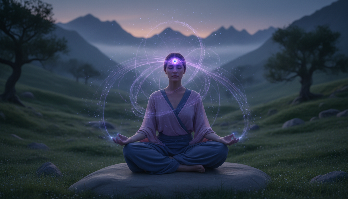 A serene, mystical scene showcasing the concept of "third eye energy," with a beautiful Caucasian figure sitting in a meditative pose. The foreground focuses on her closed eyes, hinting at a glowing indigo and purple light emanating from her forehead, symbolizing the third eye. Surrounding her, ethereal wisps of energy in rich purple and deep indigo swirl gracefully, intertwining with soft, luminescent particles that float in the air. The middle ground features a softly blurred natural setting with gentle, rolling hills under a twilight sky, casting a calming ambiance. In the background, a horizon of distant mountains adds depth and tranquility. The lighting is soft and diffused, creating a peaceful and dreamlike atmosphere, evoking a sense of higher consciousness and spiritual awakening.