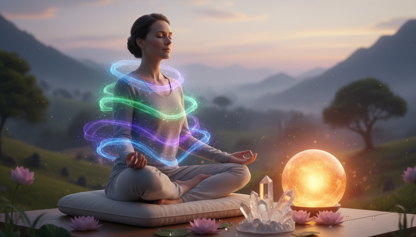 A serene scene depicting a beautiful Caucasian woman sitting cross-legged in a meditative pose within a tranquil, softly lit environment. Her eyes are gently closed as vibrant, multicolored auras radiate around her body, showcasing hues of blue, green, and purple, shimmering with ethereal light. The foreground features delicate crystals and gentle blossoms, adding a touch of nature's magic. In the middle ground, a soft, glowing light pulsates, enhancing the luminous auras. The background consists of a softly blurred landscape of lush greenery and distant mountains under a calming twilight sky, creating a peaceful atmosphere. The lighting is warm and inviting, underlining the spiritual connection in the scene, evoking a sense of harmony and introspection.
