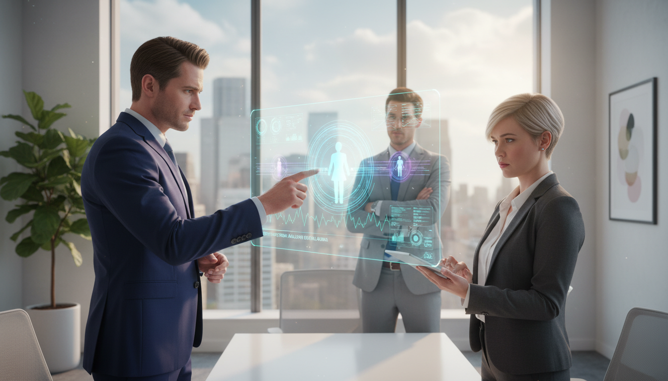 In a serene and modern office environment, a diverse group of three Caucasian professionals are engaged in a focused discussion, showcasing advanced identity monitoring capabilities. In the foreground, a man in a tailored navy suit is pointing at a holographic display of color-coded energy signatures emanating from the vibrant auras surrounding each person. To the right, a woman in a stylish blazer analyzes data on a sleek tablet, her expression one of deep concentration. In the background, large windows filter warm, natural light, illuminating the subtle details of the room, adorned with indoor plants and contemporary art. The scene conveys a sense of innovation, collaboration, and heightened awareness, with a cool color palette that reflects a calm and professional atmosphere.