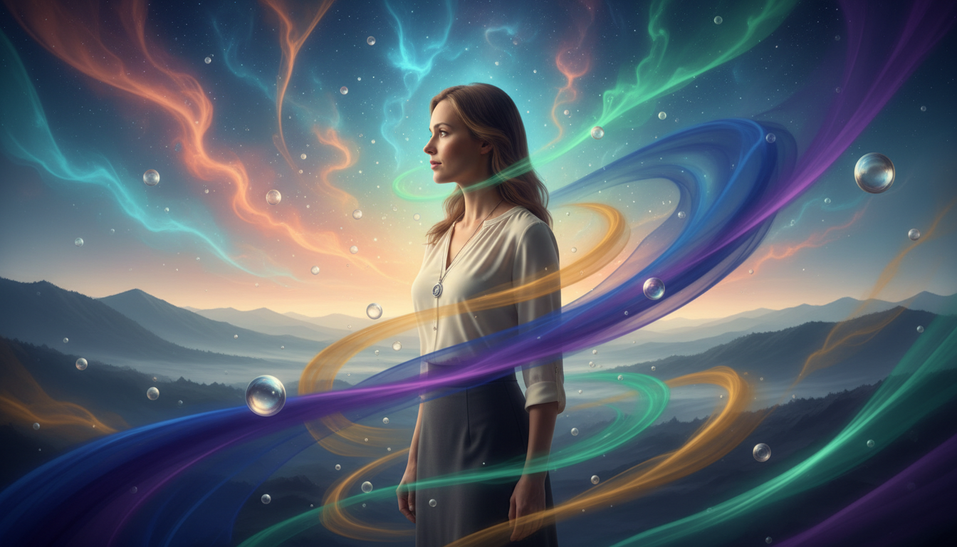 A serene and captivating interpretation of aura colors combination, showcasing an ethereal glow emanating from a beautiful Caucasian figure dressed in modest, professional attire. The foreground features soft, swirling layers of vibrant colors such as deep blues, radiant purples, bright yellows, and lush greens, gently enveloping the figure. In the middle ground, delicate light orbs shimmer, reflecting the dynamic interplay of these hues, while a backdrop of a tranquil, abstract landscape enhances the mystical atmosphere. The lighting is warm and luminous, highlighting the colors with an almost celestial quality. The angle captures the figure in profile, emphasizing their connection to the swirling auras, inviting viewers to explore the unique essence of their energy. The overall mood is peaceful, uplifting, and introspective.