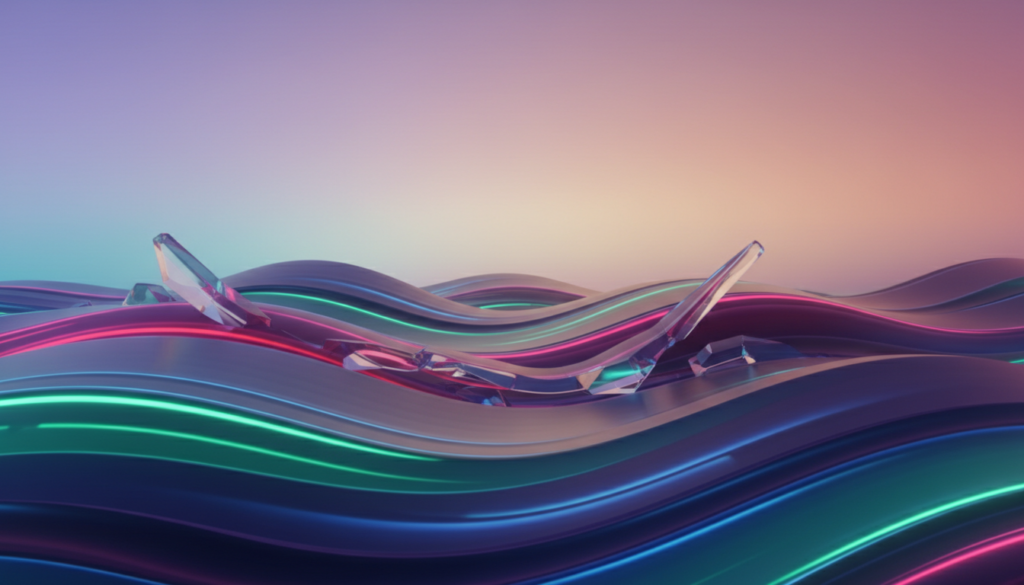 A captivating aura wallpaper design showcasing synchronizing lighting effects that evoke a sense of elegance and immersion. In the foreground, vibrant colors emanate from smoothly undulating waves of light, creating a dynamic visual rhythm. The middle ground features abstract shapes that harmoniously blend into the lighting, enhancing the immersive feel. In the background, a soft gradient of colors transitions seamlessly, evoking a tranquil ambiance. The lighting is soft yet vibrant, creating an ethereal glow, captured using a wide-angle lens to envelop the viewer in the atmosphere. The mood is futuristic and sophisticated, perfect for a modern living space. No text, captions, or overlays are present, ensuring a clean, professional aesthetic.