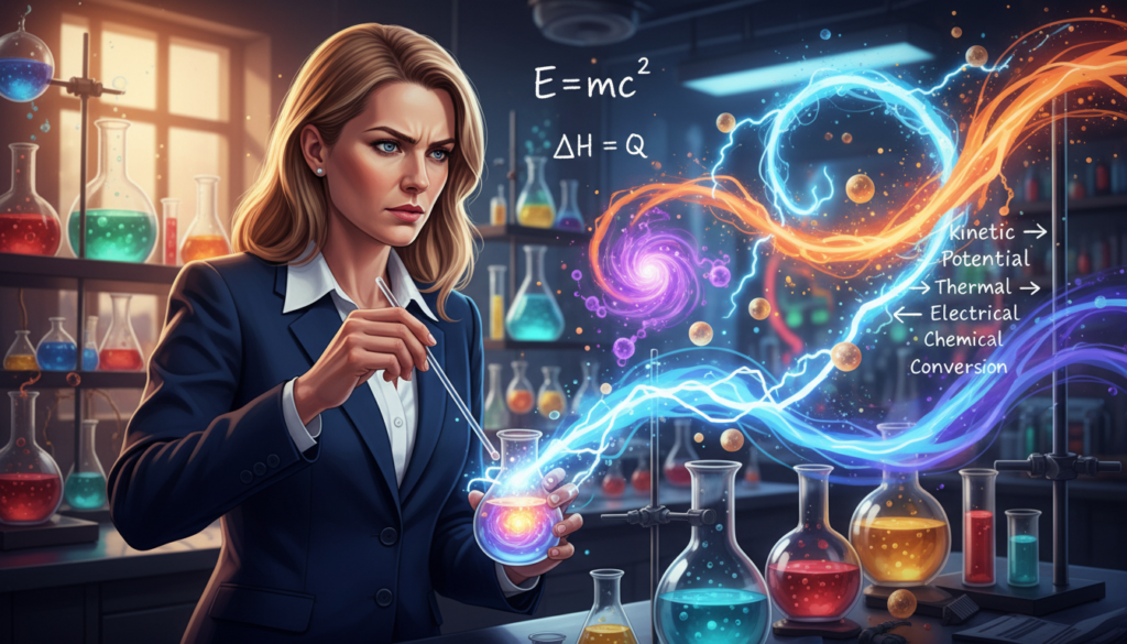 A captivating illustration of the scientific definition of energy, featuring a vibrant laboratory setting in the background with colorful beakers and dynamic energy waves. In the foreground, a beautiful Caucasian woman in professional business attire is conducting an experiment, her focused expression exuding curiosity and determination. The middle ground showcases swirling visual representations of energy, such as electric arcs and glowing particles, intermingling with mathematical equations and diagrams that symbolize energy transfer and conversion. Bright, focused lighting highlights the subject and her surroundings, with a warm atmosphere that suggests a sense of discovery and innovation. Use a slightly elevated angle to create depth and draw attention to the intricate details of the laboratory environment, making the image both engaging and informative.