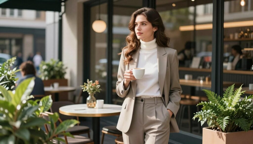 A confident young Caucasian woman stands at the center of a stylish, sunlit urban cafe, embodying the main character aesthetic. She wears a chic business casual outfit, with a tailored blazer over a comfortable white turtleneck, paired with high-waisted trousers. Her hair flows in soft waves around her shoulders, and she gazes out the window, coffee cup in hand, exuding an aura of purpose and tranquility. In the foreground, the vibrant greenery of potted plants adds freshness. The middle ground features a beautifully arranged table with artistic decor and a soft light illuminating the scene, while the background showcases a bustling cityscape through the glass, creating a dynamic contrast. The overall mood is uplifting and inspiring, capturing the essence of personal empowerment and energy.