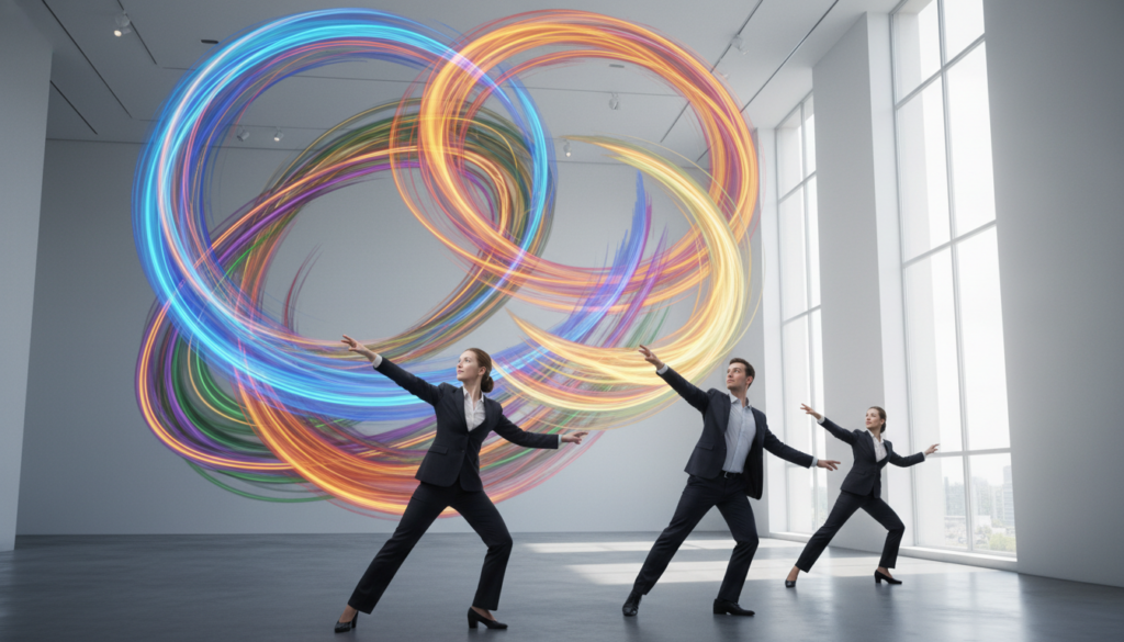 A dynamic and vibrant energy art movement scene, featuring abstract swirling patterns of luminous colors in shades of electric blue, fiery orange, and radiant yellow. In the foreground, elegantly posed beautiful Caucasian figures in professional business attire embody the essence of energy and creativity, gesturing expressively towards the colorful waves around them. The middle ground showcases a flowing gradient of energetic brush strokes that meld into a harmonious blend, symbolizing the evolution of artistic expression. In the background, a softly lit gallery space with minimalist architecture enhances the visual impact, illuminated by bright yet diffused natural light. The overall atmosphere exudes inspiration and dynamism, inviting viewers to immerse themselves in this mesmerizing exploration of energy art.