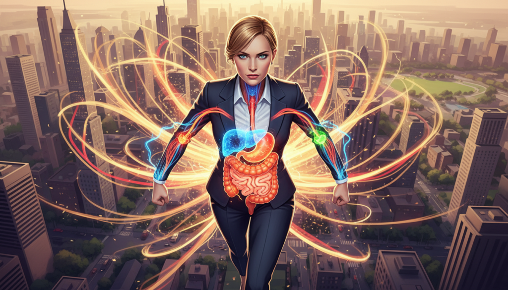 A dynamic illustration of human metabolism featuring a beautiful Caucasian figure in a professional business attire, depicted in the foreground with flowing energy lines radiating from the body, symbolizing energy expenditure. The middle ground should show an anatomical representation of the human body, highlighting areas of energy transformation, such as the digestive system and muscles, using vibrant colors to indicate metabolic activity. In the background, a stylized depiction of a bustling urban environment subtly hints at daily life, with soft, natural lighting to create a warm, inviting atmosphere. The angle should be slightly elevated, giving viewers a comprehensive view of the interaction between the human figure and its environment. The mood should evoke a sense of vitality and empowerment, capturing the essence of energy and movement.