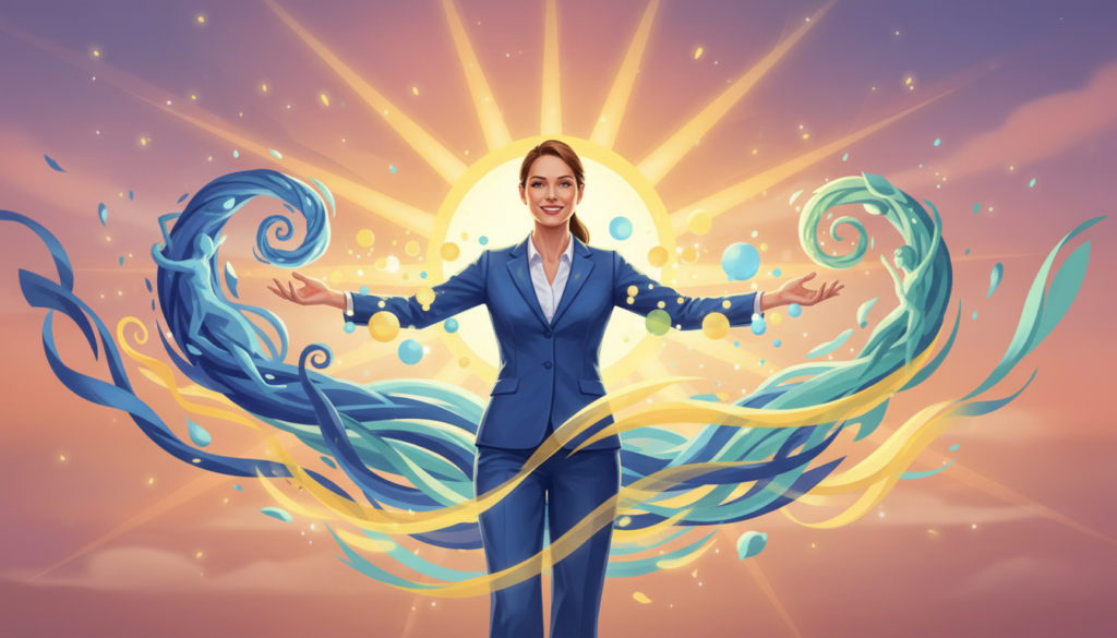 A dynamic illustration of various forms of energy, featuring vivid representations of solar energy as radiant sunbeams, wind energy as swirling gusts, and kinetic energy depicted through moving figures. In the foreground, a beautiful Caucasian woman in professional attire stands confidently, with her arms outstretched, absorbing energy from vibrant light orbs surrounding her. The middle ground showcases a harmonious blend of swirling colors representing different energy types—bright yellow for solar, deep blue for wind, and soft green for kinetic, all interacting fluidly. The background is a soft gradient of sunset hues, creating an ethereal and uplifting atmosphere. The image is illuminated with warm lighting to emphasize the energizing theme, captured from a slightly low angle to give a sense of grandeur and empowerment. Overall, the mood is inspiring and transcendent, inviting viewers to explore the potential of energy.