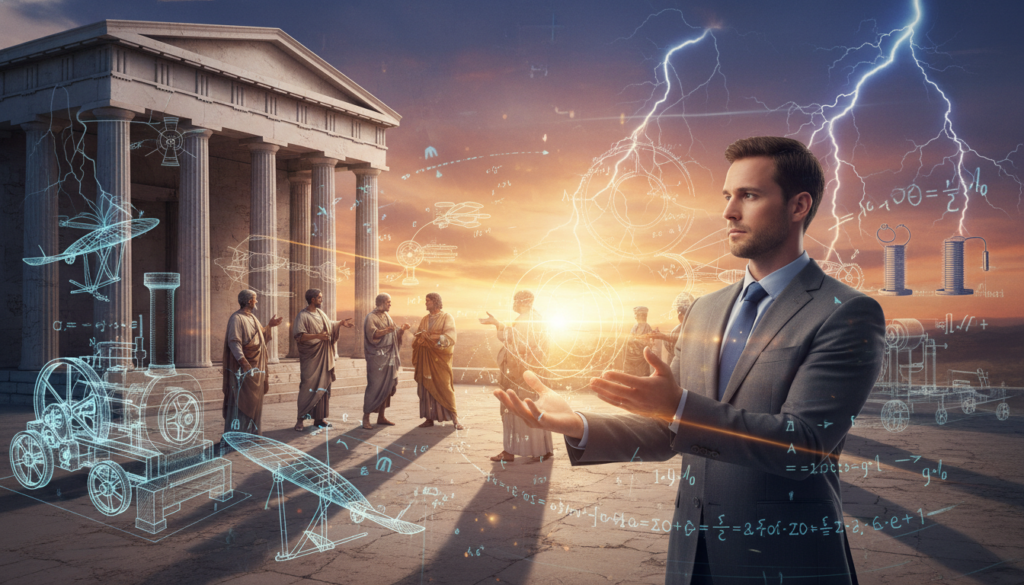 A historically inspired scene depicting abstract energy concepts blending elements from various eras, such as ancient Greek philosophers discussing the nature of energy in a serene outdoor setting, layered with visuals of the Renaissance showcasing inventions like the steam engine, and vibrant hints of early 20th-century electricity concepts. Foreground features a thoughtful Caucasian figure in professional attire holding a glowing orb symbolizing energy, surrounded by diagrams of energy flow. The middle ground introduces classical architecture with soft lighting emanating from the orb, casting ethereal shadows. The background reveals a majestic sunset sky blending warm and cool tones, creating a tranquil yet vibrant atmosphere. The overall mood evokes curiosity and inspiration, inviting viewers to reflect on the evolution of energy concepts throughout history.