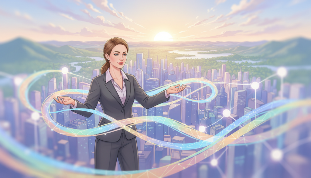 A mesmerizing illustration that depicts the concept of energy functioning in the physical world. In the foreground, a beautiful Caucasian woman in professional business attire interacts with vibrant energy flows represented as colorful, swirling light waves and geometric shapes, demonstrating the dynamic nature of energy. In the middle, a lively cityscape with buildings illuminated by soft, glowing orbs of energy, symbolizing urban energy systems. The background features a serene, natural landscape with a sunrise casting warm, golden light across the horizon, creating a tranquil atmosphere. The scene is infused with a sense of harmony and understanding, using soft pastel colors to evoke feelings of enlightenment. Use a slightly elevated angle to capture depth, and soft focus effects to enhance the dreamlike quality of the image.