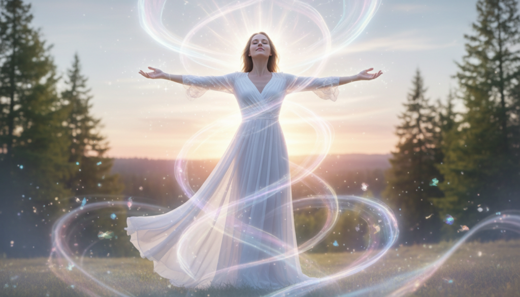 A serene and ethereal scene depicting a beautiful Caucasian woman standing gracefully with her arms outstretched, surrounded by a radiant aura of shimmering light in soft pastel colors. In the foreground, her flowing white dress gently sways, symbolizing harmony and energy. The middle ground features an array of swirling energy patterns and flickering light orbs, creating a sense of movement and uplifting spirit. The background includes a tranquil nature setting with lush green trees and a soft, glowing sunset, enhancing the atmosphere of peace and empowerment. The lighting is soft and diffused, emulating a dreamlike quality, while the angle captures a slight upward tilt, emphasizing the woman's connection to higher energies. This image evokes feelings of hope, strength, and the transformative power of positive energy.