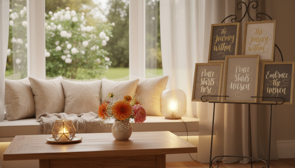 A serene and inviting indoor setting featuring a comfortable nook with soft cushions and warm, ambient lighting. In the foreground, a beautiful wooden table adorned with a delicate crystal candle and a few vibrant flowers creates a sense of tranquility. The middle ground showcases a framed collection of meaningful spiritual quotes elegantly displayed on an easel, each quote crafted in an artistic font that reflects inner peace. In the background, a softly blurred view of a peaceful garden outside, with sunlight streaming through large windows, enhances the atmosphere of reflection and spirituality. The overall mood is calming and uplifting, evoking a sense of encouragement and inspiration. The image should have a soft focus lens effect to create a dreamy quality, emphasizing warmth and hope.