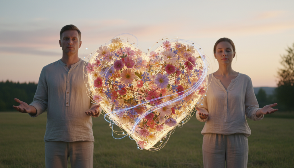 A serene and uplifting image depicting a heart radiating compassion, carefully crafted to symbolize emotional warmth. In the foreground, a large, glowing heart made of intertwined vibrant flowers and gentle streams of light pulsates with a soft, inviting glow. In the middle, two beautiful Caucasian figures, dressed in modest casual clothing, stand with outstretched hands, their expressions serene and welcoming, capturing the essence of kindness. The background features a tranquil landscape with softly blurred trees and a pastel sunset sky, creating a peaceful and harmonious atmosphere. Soft, natural lighting bathes the scene, enhancing the warm colors of the heart and the nurturing expressions of the figures, inviting viewers to reflect on the importance of cultivating compassion in their lives.