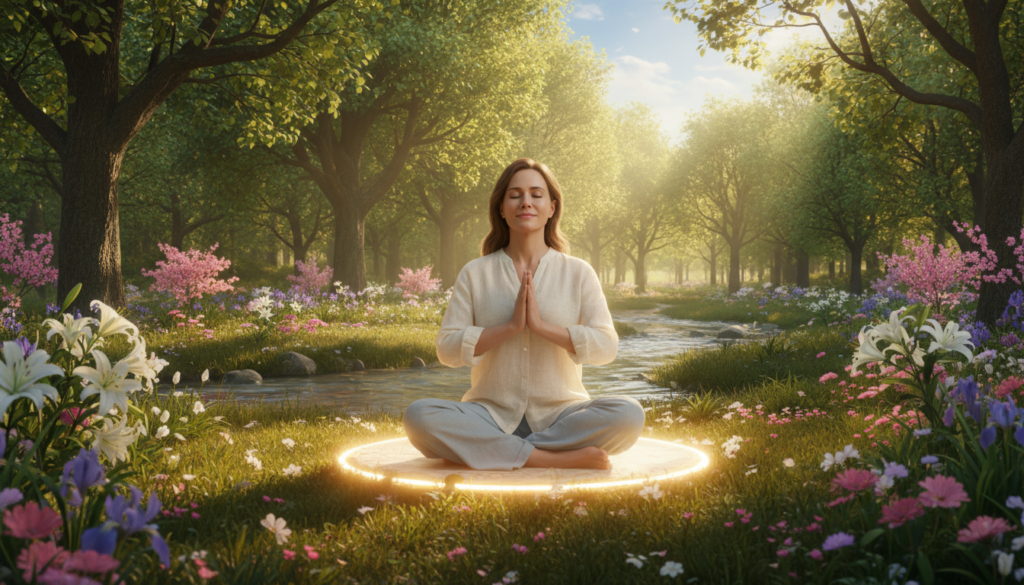 A serene and uplifting scene capturing the essence of "prayer power." In the foreground, a beautiful Caucasian woman in modest casual clothing, sitting cross-legged on a soft, glowing prayer mat, her hands gently clasped in front of her chest. The middle ground features a softly lit, expansive nature setting, with blooming flowers and gentle streams reflecting peace and tranquility. In the background, lush trees and a clear blue sky imply a heavenly atmosphere. Warm, golden sunlight filters through the leaves, creating a dappled effect on the scene. The overall mood is contemplative and transformative, inviting the viewer to connect with spirituality and inner peace through prayer. The image should be captured from a slightly elevated angle to highlight the woman and her surroundings beautifully.