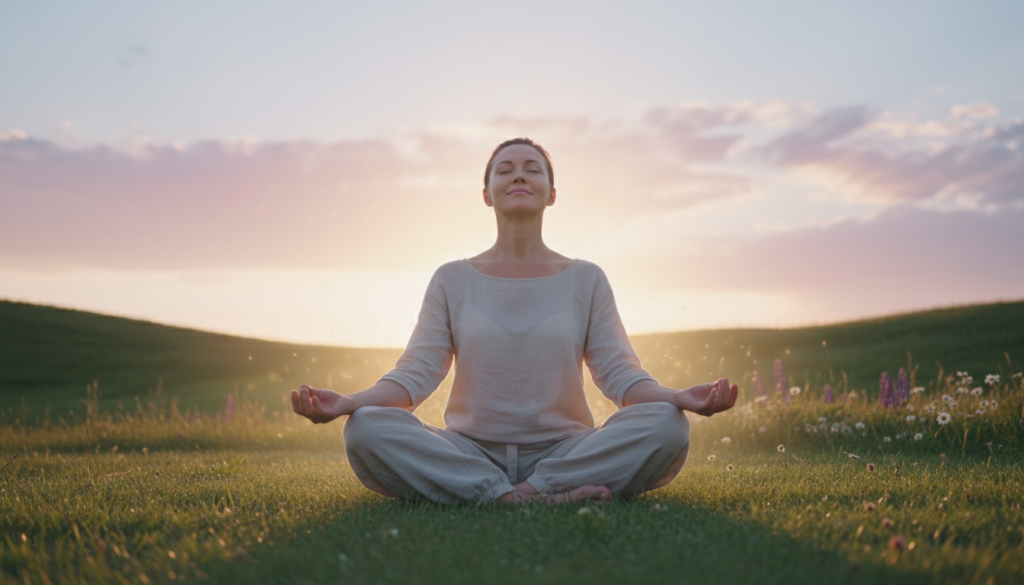 A serene and uplifting scene depicting the cultivation of inner strength energy. In the foreground, a beautiful Caucasian figure in modest casual clothing sits cross-legged on a lush green lawn, eyes closed, radiating calm confidence. The middle layer shows soft golden light enveloping the figure, symbolizing warmth and positivity. In the background, gentle rolling hills and a vibrant sunrise blend pastel colors, hinting at a new beginning and endless possibilities. The atmosphere feels tranquil yet empowering, with a subtle breeze gently rustling nearby flowers. The composition is shot from a low angle, enhancing the sense of elevation and focus on the figure, while soft bokeh effects create an ethereal quality, emphasizing the inner strength being cultivated.