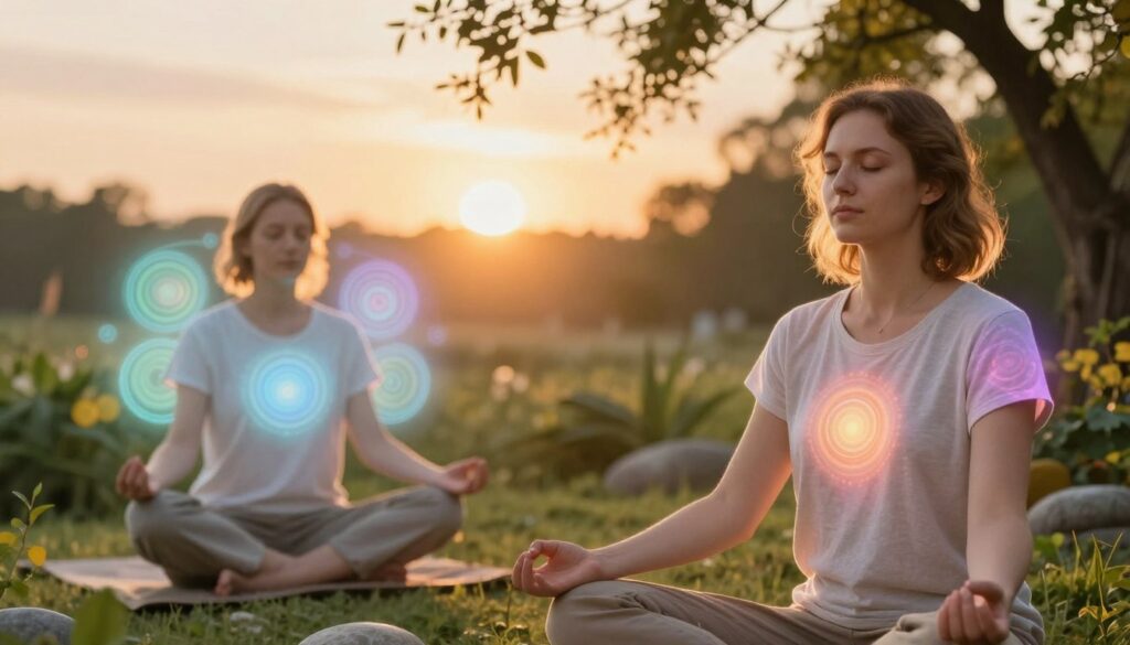 A serene and vibrant scene capturing an ethereal essence of "aura points." In the foreground, two beautiful Caucasian figures, dressed in modest casual clothing, are engaged in a mindful practice—one meditating with eyes closed, surrounded by shimmering, colorful aura points radiating soft light. In the middle ground, lush greenery and smooth stones enhance the feeling of tranquility, while significant aura points glow around the figures, creating intricate patterns of light in varying pastel colors. The background features a gentle sunset, casting warm golden hues and cascading rays through delicate branches, creating an inviting and peaceful atmosphere. The lighting is soft and diffused, emphasizing the uplifting mood of harmony and connection with nature.