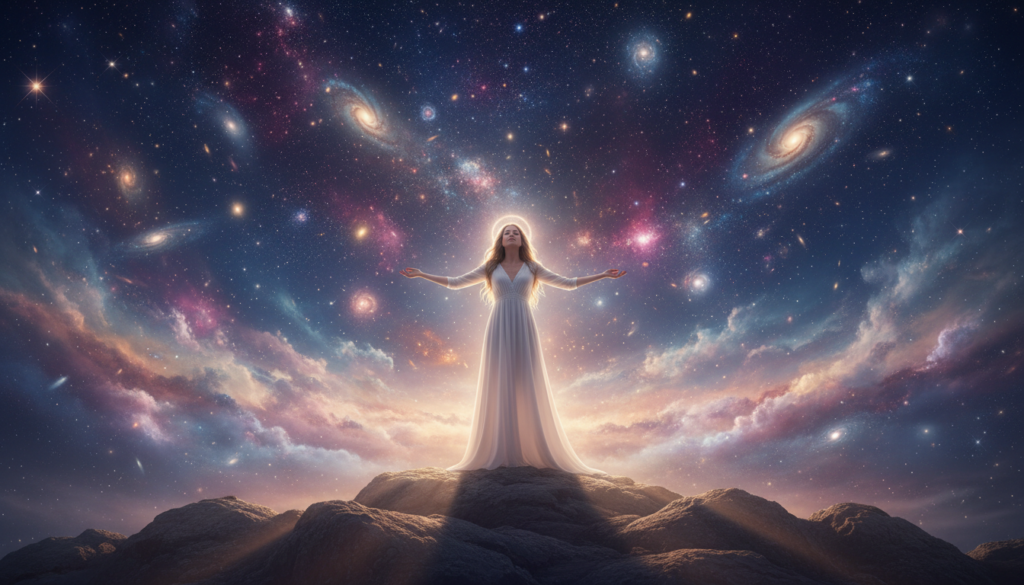 A serene cosmic landscape filled with vibrant galaxies and twinkling stars, enveloped in rich blues and purples. In the foreground, a beautiful Caucasian woman, elegantly dressed in a modest white flowy gown, stands with arms outstretched as if embracing the universe. Her face radiates peace and introspection, capturing the essence of spiritual connection. Soft, ethereal light cascades around her, highlighting her features and creating a gentle halo effect. In the middle ground, whimsical clouds of stardust swirl gracefully, blending into the celestial background. The scene is bathed in soft, warm lighting that evokes feelings of tranquility and wonder, inviting viewers to reflect on their personal journey and the beauty of existence. The composition is framed from a slight low angle, enhancing the majesty and depth of the universe surrounding her.