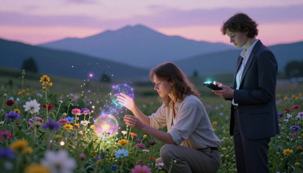 A serene fantasy landscape featuring two beautiful Caucasian figures engaged in aura farming. In the foreground, one figure, dressed in modest casual attire, carefully gathers glowing, ethereal orbs of energy, representing auras, emanating soft, colorful light. The other figure, in professional business attire, watches intently, holding a unique device that analyzes the energy. In the middle ground, lush greenery and vibrant flowers radiate with energy, while sparkling particles float in the air, enhancing the magical atmosphere. The background showcases a distant, softly-lit mountain range under a twilight sky, casting gentle hues of purple and pink. The lighting is soft and enchanting, creating a tranquil, mystical mood, with a slight bokeh effect emphasizing the figures in the foreground. The angle is slightly elevated, giving a dynamic perspective on the captivating scene.
