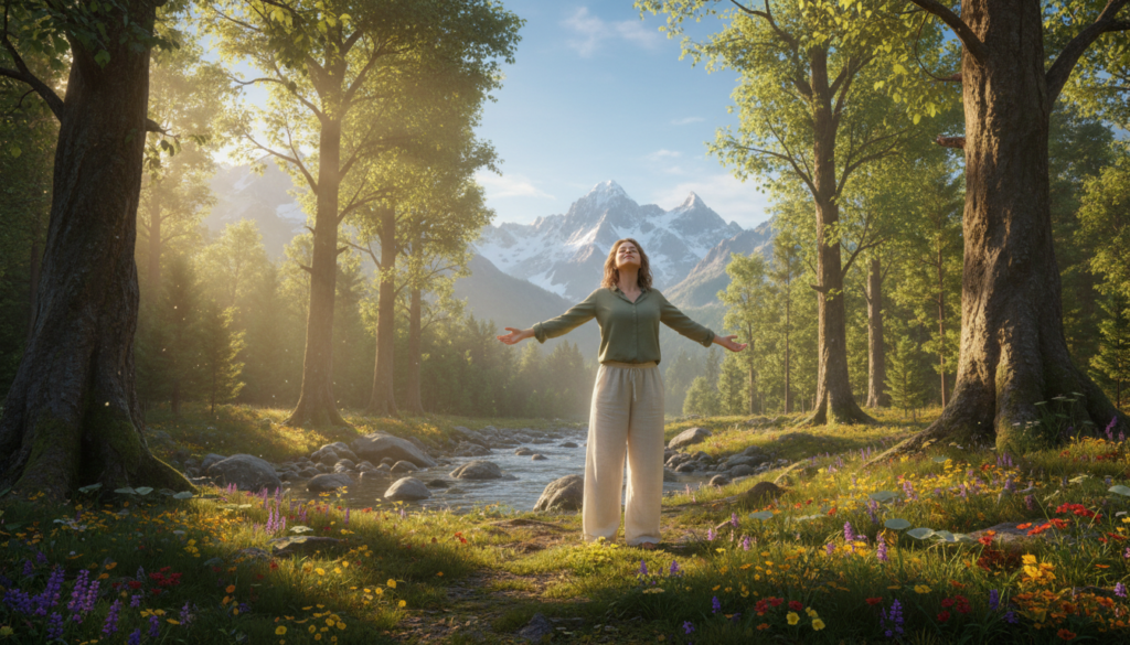A serene forest scene bathed in golden sunlight filtering through tall, lush trees, creating ethereal patterns on the forest floor. In the foreground, a beautiful Caucasian woman in modest casual clothing stands with her arms outstretched, embracing the tranquil energy of nature, her expression reflecting peace and connection. The middle ground features vibrant wildflowers and a gentle stream flowing, symbolizing the life force of nature. In the background, majestic mountains rise against a clear blue sky, bridging the earthly with the divine. The overall atmosphere is serene and uplifting, evoking a sense of harmony and spiritual connection. Use soft, natural lighting to enhance the tranquility, shot from a slightly lower angle to capture the grandeur of nature.