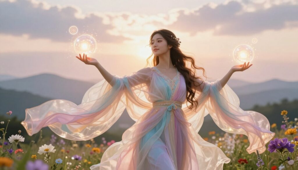 A serene goddess figure emanating vibrant energy, depicted with flowing, ethereal garments in soft pastels that catch the light. In the foreground, she stands gracefully with her arms outstretched, surrounded by glowing orbs of light symbolizing positive energy. Her expression conveys tranquility and wisdom, with long, wavy hair cascading around her shoulders. The middle ground features lush, colorful flora that complements the goddess, enhancing the mystical atmosphere. A radiant, soft focus light envelops the scene, creating a dreamlike quality. The background showcases a tranquil landscape, with distant mountains and a gentle, cloudy sky bathed in warm tones of sunrise. Aim for a harmonious and uplifting mood that resonates with the theme of energy and vitality.