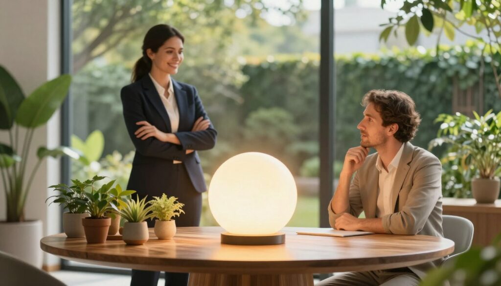 A serene indoor environment bathed in soft, warm light emanating from a central glowing orb, symbolizing "balancing presence." In the foreground, a beautifully designed wooden table holds a selection of vibrant plants, enhancing the energy of the space. The middle ground features two elegantly dressed Caucasian professionals, one standing confidently with arms crossed and the other sitting, engaged in a thoughtful conversation, both radiating authenticity and focus. In the background, large windows reveal a tranquil garden, with sunlight filtering through leaves, creating a harmonious balance between nature and contemporary design. The overall mood is uplifting and energizing, inviting viewers to feel the allure of an inviting and balanced atmosphere. Use a soft-focus lens to emphasize the glow and warmth while capturing the details of professional attire.