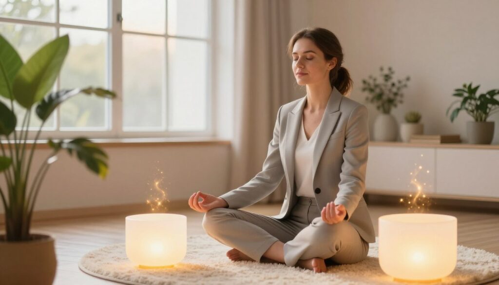 A serene indoor setting depicting a beautiful, Caucasian woman in professional business attire sitting cross-legged on a soft, plush rug. She is surrounded by glowing orbs of light, symbolizing personal energy and aura enhancement. In the foreground, a few vibrant plants add a touch of nature, while the middle features a warm, inviting light filtering through large windows, casting gentle shadows. In the background, soft pastel colors create a calming atmosphere, enhancing the mood of tranquility and focus. Highlight the woman’s expression of serenity and concentration as she meditates, embodying the essence of personal energy management. Use soft, diffused lighting to create a harmonious, uplifting ambiance, with a slight focus on her and the glowing orbs around her, suggesting energy flow and balance.