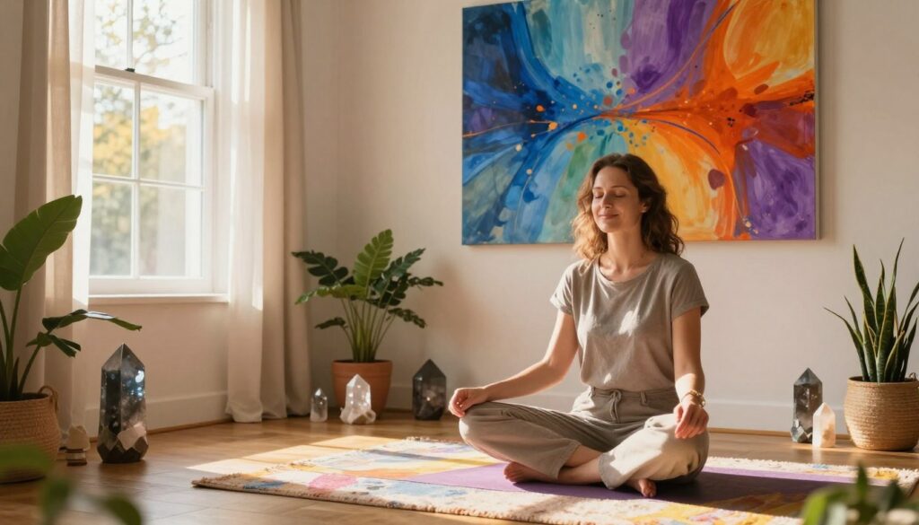 A serene indoor space radiating vibrant energy, featuring a beautifully arranged meditation corner. In the foreground, a Caucasian woman in modest casual clothing sits cross-legged on a soft, colorful rug, eyes closed, with a gentle smile, embodying a peaceful vibe. Crystals and plants are artfully placed around her, reflecting nature’s beauty. In the middle, a wall adorned with abstract art bursts with colors like deep blues, purples, and vibrant oranges, symbolizing energy shifts. The background showcases a large window draped in sheer curtains, allowing warm, golden sunlight to stream in, illuminating the scene and enhancing the inviting atmosphere. Soft shadows dance around the space, creating a tranquil, uplifting mood perfect for energizing one's environment.