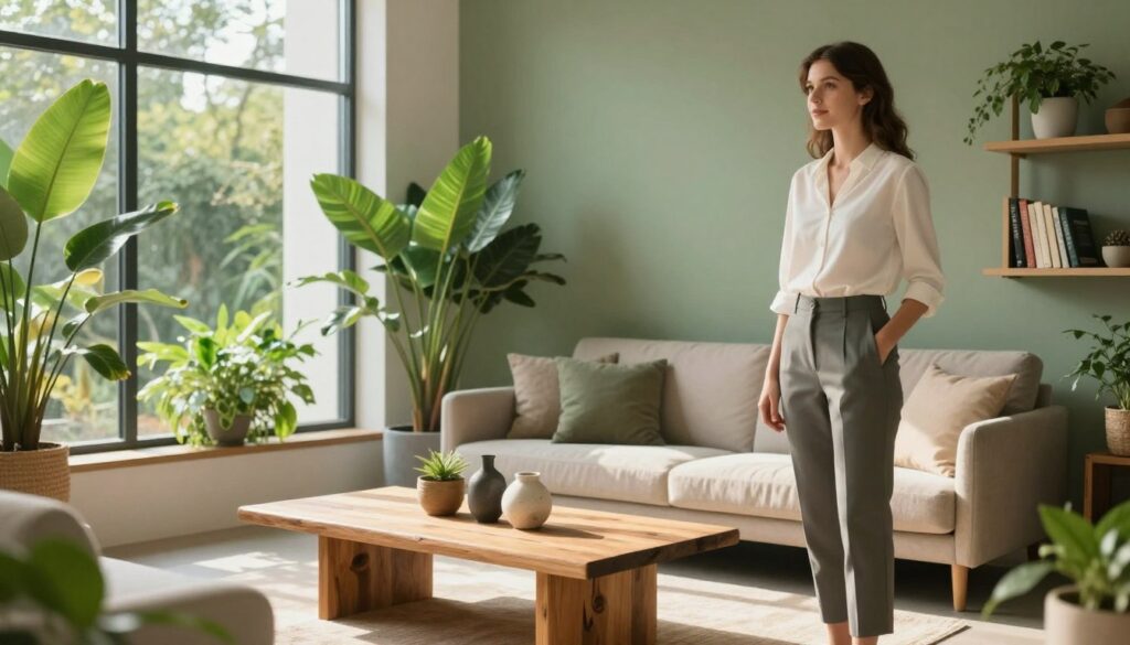 A serene interior space infused with sustainable beauty, featuring a stylish living area adorned with lush indoor plants and eco-friendly furnishings. In the foreground, a young Caucasian woman in professional attire stands gracefully next to a large window, basking in warm, natural sunlight that highlights her features. The middle ground showcases a beautifully arranged minimalist coffee table made of reclaimed wood, with a few artisanal decor items. In the background, soft green walls complement a simple, elegant bookshelf filled with sustainable lifestyle books. The lighting is soft and inviting, casting gentle shadows that enhance the tranquil atmosphere. Capture this moment with a mid-angle shot to emphasize the harmonious blend of design and nature, evoking a feeling of peaceful energy and soulful beauty.