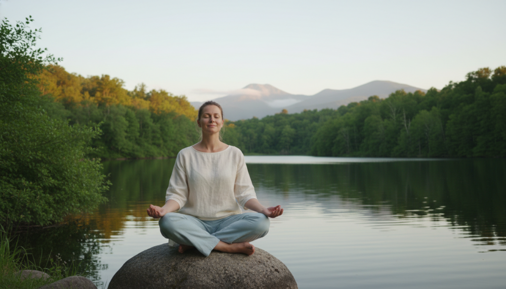 A serene landscape depicting inner peace, featuring a tranquil lake surrounded by lush greenery and soft, flowing hills under a clear blue sky. In the foreground, a beautiful Caucasian woman sits cross-legged on a smooth rock at the water's edge, dressed in modest, soft-colored clothing, with a gentle smile as she meditates. Her calm expression reflects deep inner stillness. The middle ground showcases rippling reflections of the trees in the water, while the background is adorned with distant mountains bathed in warm golden sunlight, creating a peaceful atmosphere. The lighting is soft and diffused, casting gentle shadows, evoking a sense of harmony and tranquility. The angle is slightly elevated, capturing both the figure and the breathtaking landscape in an engaging composition.