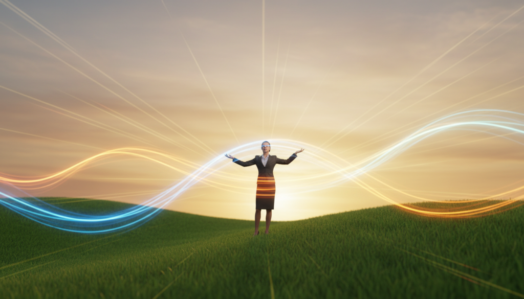 A serene landscape depicting the essence of energy, featuring a beautiful Caucasian woman dressed in professional attire, standing gracefully on a vibrant green hillside. In the foreground, she has her arms open wide, as if embracing the energy flowing around her. The middle ground showcases rising ethereal waves of colorful light, symbolizing various forms of energy—radiant blue, glowing yellow, and soft green—each representing vitality, creativity, and harmony. The background is a radiant sunset, casting warm hues and dynamic light rays that illuminate the scene, creating a sense of awe and tranquility. The atmosphere is uplifting and inspiring, inviting viewers to contemplate the fundamental nature of energy. The image is captured with a soft bokeh effect, focusing on the subject while creating a dreamlike quality that enhances the theme of energy.