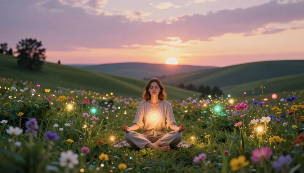 A serene landscape filled with ethereal "aura farming points," glowing softly in various vibrant colors. In the foreground, a beautiful Caucasian woman in modest casual clothing meditates peacefully, surrounded by sparkling energy orbs emanating a warm, inviting light. The middle ground features lush greenery and gentle rolling hills adorned with luminescent flowers that reflect the energy points, creating a harmonious atmosphere. In the background, a pastel sunset sky casts a golden hue, enhancing the magical feel of the scene. The lighting is soft and diffused, creating a tranquil mood, while the camera angle captures a wide shot, showcasing the enchanting environment. The overall vibe is peaceful and uplifting, encouraging a reflection on positive energy and aura harvesting.