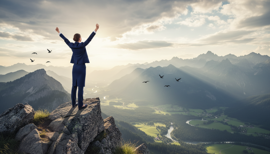 A serene landscape with a breathtaking mountainous backdrop, symbolizing the journey of overcoming challenges. In the foreground, a Caucasian woman in professional business attire stands triumphantly on a rocky peak, arms raised in victory. Her expression radiates determination and renewed focus. Sunlight breaks through the clouds, casting a warm golden glow that highlights her figure and the rugged terrain. In the middle ground, lush green valleys stretch out, representing growth and potential. Birds soar in the sky, reinforcing a sense of freedom and possibility. The lens captures a wide-angle view, enhancing the grandeur of the scene, while soft, dynamic lighting creates an uplifting atmosphere that inspires strength and resilience.