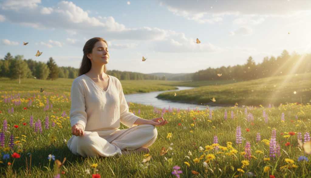 A serene outdoor scene showcasing a beautiful Caucasian woman sitting cross-legged on a lush green meadow, basking in warm sunlight. She exudes tranquility and positivity, with a gentle smile as she meditates, surrounded by vibrant flowers and butterflies fluttering around her. In the middle ground, a soft, flowing stream reflects the sunlight, enhancing the inviting atmosphere. The background features a light blue sky with fluffy white clouds, creating a sense of openness and freedom. The composition captures the essence of harnessing positive energy, with golden sunlight streaming in, casting a warm glow on the scene. The mood is uplifting and inspiring, ideal for promoting a positive mindset, emphasizing the vitality of positive thoughts for daily success.