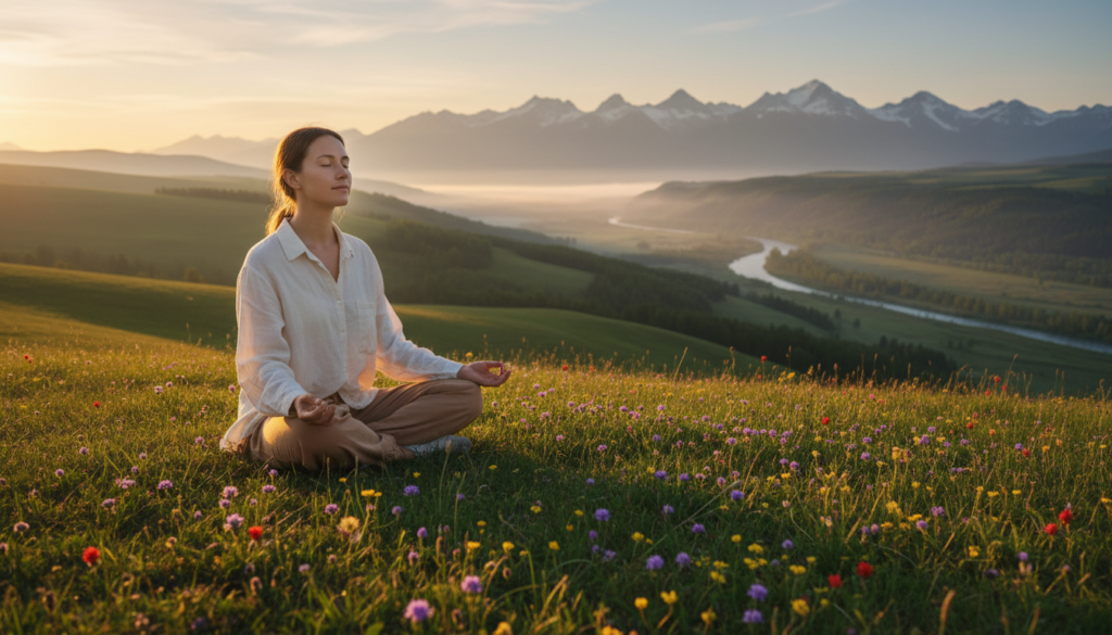 A serene outdoor setting at dawn, showcasing a beautiful Caucasian woman in modest, casual clothing, meditating on a grassy hillside with gentle sunlight illuminating her face. In the foreground, soft wildflowers sway gently in the breeze, adding vibrant colors and texture. The middle ground features rolling hills that blend into a tranquil valley, while the background consists of distant mountains kissed by the first light of day. The scene conveys a mood of peace and introspection, evoking a sense of purpose and intention. The soft, golden hour lighting creates a warm and inviting atmosphere, capturing the essence of living with purpose. The angle is slightly elevated, allowing for a panoramic view of the landscape while keeping the focus on the woman’s serene expression.