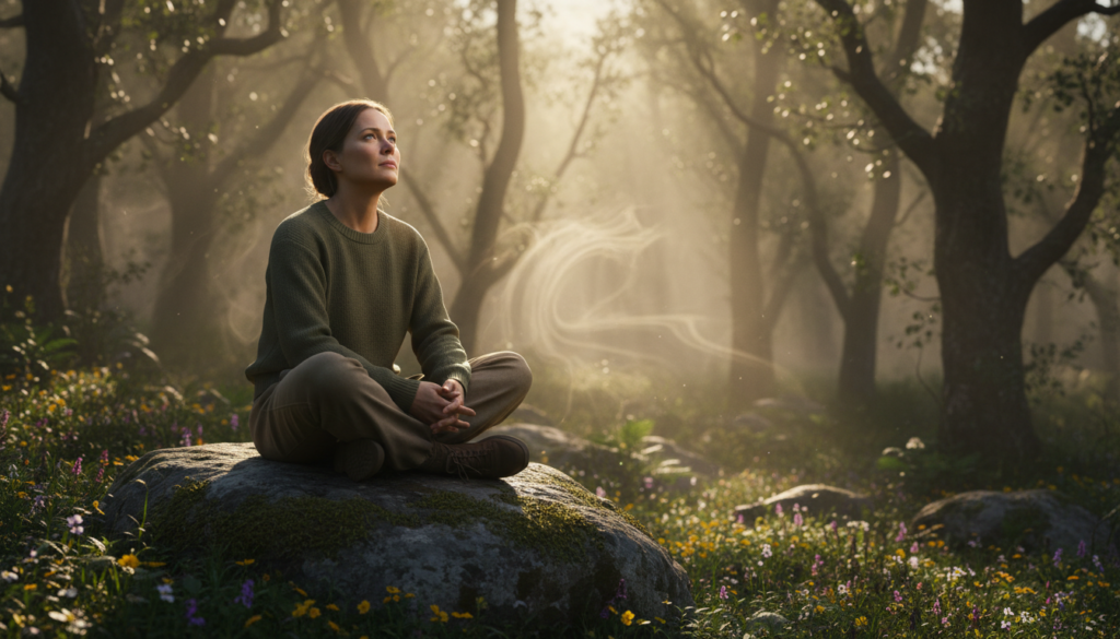 A serene scene depicting a beautiful forest at dawn, with soft golden sunlight filtering through the trees. In the foreground, a thoughtful Caucasian woman dressed in modest casual attire sits cross-legged on a moss-covered rock, her hands resting gently on her knees. She gazes upward, embodying a sense of introspection and calm. Around her, delicate wildflowers bloom, adding splashes of color to the lush greenery. In the background, gentle mist weaves through the trees, enhancing the mystical atmosphere. The lighting is warm and inviting, with a soft focus effect that creates a dreamy ambiance. This image should evoke feelings of peace and reflection, symbolizing wisdom and strength in life’s challenges.