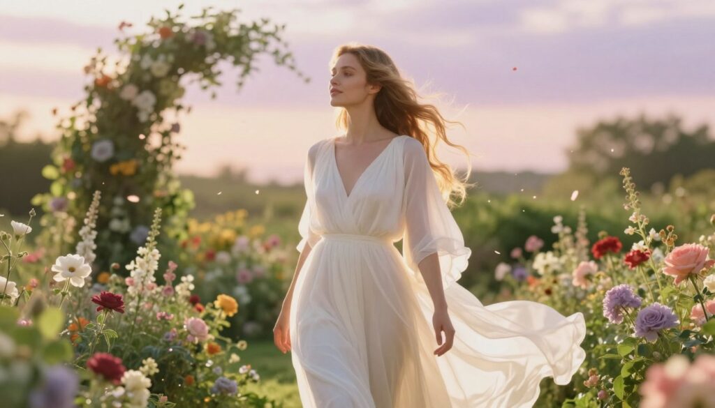 A serene scene depicting a radiant, beautiful Caucasian woman embodying the divine feminine glow, standing in a peaceful, sunlit garden filled with blooming flowers and vibrant greenery. In the foreground, the woman wears an elegant, flowing white dress that softly catches the light, glowing with an ethereal quality. Her hair cascades gracefully around her face, illuminated by a warm golden sunlight, adding to her radiant appearance. In the middle background, lush plants curve around her, and a gentle breeze causes petals to swirl in the air, contributing to an enchanting atmosphere. The background features soft, pastel-colored sky hues, enhancing a sense of tranquility and positivity. The lighting is warm and soft, creating a dreamlike effect, with a dreamy blur enhancing the magical ambiance of divine feminine energy.