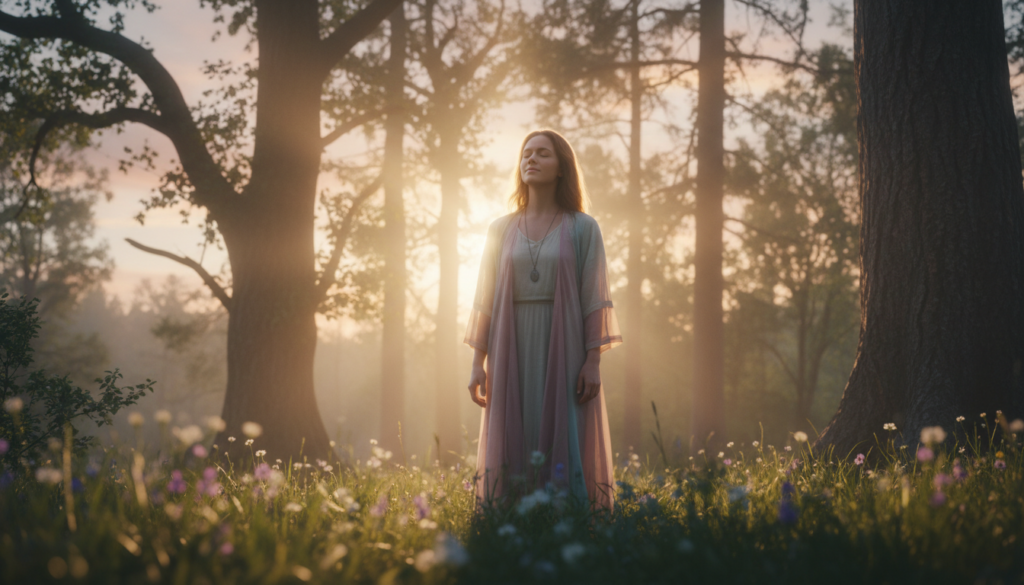 A serene scene depicting a young Caucasian woman in a moment of introspection, standing in a lush, tranquil forest at dawn. She is dressed in modest, flowing pastel clothing, with soft sunlight streaming through the trees, illuminating her face and creating a warm, ethereal glow. The foreground features delicate wildflowers and soft grasses, while the middle showcases her gentle expression, eyes closed as she breathes deeply, embodying peace and self-discovery. In the background, tall trees stretch upward into the soft, colorful hues of the sunrise, enhancing the atmosphere of awakening and enlightenment. The overall mood is one of tranquility and hope, evoking a sense of connection to the self and the greater universe, captured with a gentle, soft focus lens to create a dreamy effect.