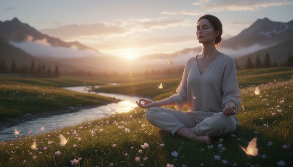 A serene scene depicting a young Caucasian woman practicing meditation on a soft grassy hilltop during a golden hour sunrise. In the foreground, she is seated cross-legged, wearing modest casual clothing, with her eyes gently closed and a serene expression on her face. Surround her with elements of nature, such as delicate flowers and softly glowing butterflies, to enhance the atmosphere of peace and tranquility. In the middle ground, add a gentle stream flowing, reflecting the warm hues of the sunrise. In the background, majestic mountains rise, partially shrouded in mist, under a clear sky painted with soft pastels. The soft, diffused lighting creates an ethereal glow, evoking a sense of clarity and inner peace that aligns with the theme of meditation.