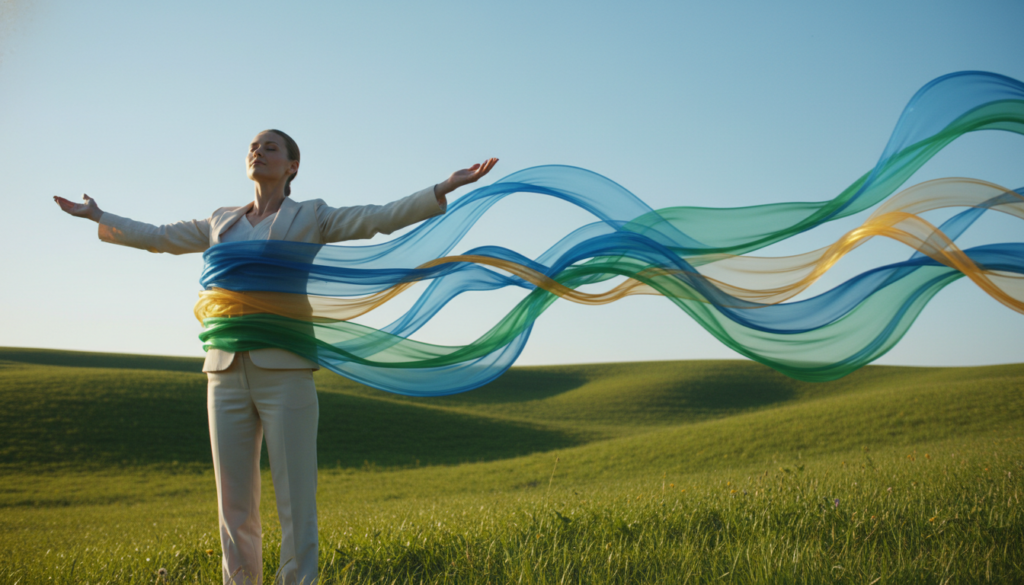 A serene scene depicting the concept of transforming mindset energy. In the foreground, a beautiful Caucasian woman in professional business attire stands confidently with her arms outstretched, embodying openness and empowerment. The middle layer features vibrant, swirling energy patterns in hues of blue, green, and gold, radiating from her, symbolizing growth and positivity. The background showcases a sunlit landscape with rolling hills and a clear sky, conveying a sense of tranquility and potential. Soft, diffused lighting illuminates the scene, enhancing the uplifting atmosphere. The angle is slightly low, emphasizing the subject's strength and the empowering energy around her, creating a dynamic and engaging image that inspires intentional action towards a positive mindset.