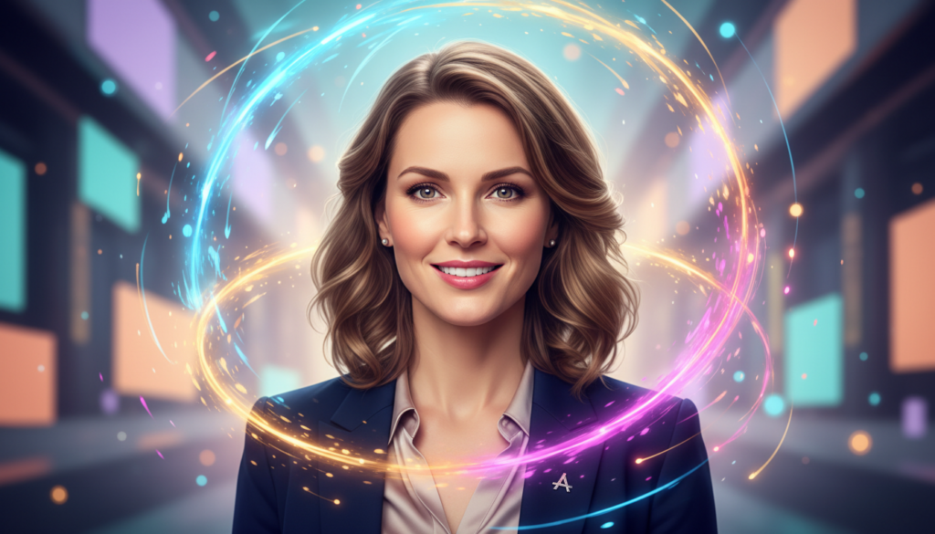 A striking digital portrait showcasing a beautiful Caucasian individual in professional attire, exuding confidence and charm. The foreground should highlight the person's face in a close-up, capturing their expressive eyes and a warm smile, suggesting approachability and creativity. The middle layer features a subtle glow surrounding the figure, symbolizing the "Aura" concept, with vibrant colors reflecting popular trends in profile pictures. In the background, softly blurred elements like abstract shapes and gentle gradients enhance the atmosphere, evoking a sense of innovation and modernity. Use soft, even lighting to illuminate the subject’s features, with a slight bokeh effect to create depth. The overall mood should be inspiring and engaging, encouraging viewers to embrace the new wave of personalized profile pictures.