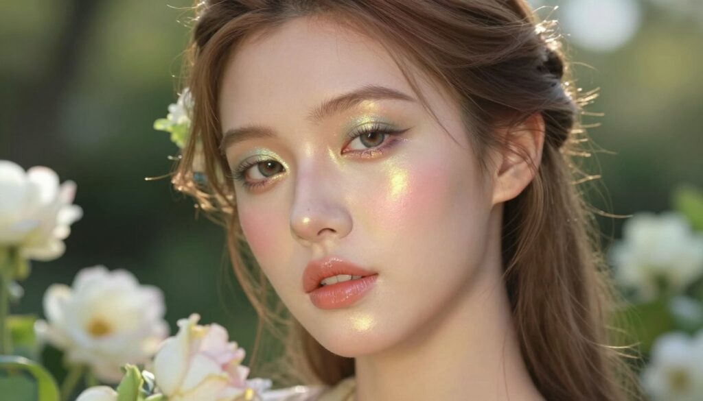 A stunning Caucasian woman is the focal point, showcasing an exquisite goddess makeup look that radiates ethereal beauty. Her skin glows with a luminescent highlight, reflecting hints of gold and soft pinks, while her eyes are accentuated with shimmering eyeshadows in pastel hues. The foreground captures intricate details of her flawless makeup, emphasizing the radiant glow on her cheekbones and the delicate application of glossy nude lipstick. In the middle ground, soft floral elements in gentle whites and greens create a harmonious ambiance. The background features a dreamy, blurred garden setting under warm, soft sunlight, enhancing the enchanting atmosphere. The image is captured from a slightly elevated angle to emphasize her captivating gaze and the surrounding floral beauty, evoking feelings of serenity and empowerment, perfectly embodying the goddess energy aesthetic.