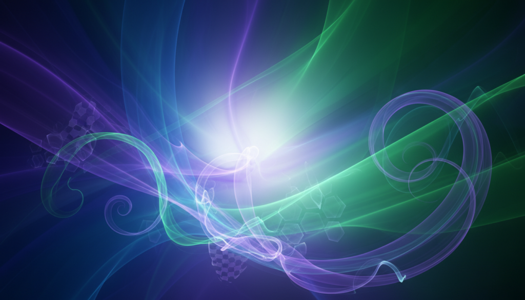 A stunning aura wallpaper that radiates vibrant colors, showcasing swirling hues of blue, purple, and emerald green. In the foreground, delicate wisps of light appear to dance and converge, evoking a sense of energy and creativity. The middle layer features intricate patterns resembling energy flows and geometric shapes, adding depth and complexity. In the background, a smooth gradient transitions softly from a light ethereal white to darker, richer tones, creating a soothing atmosphere. The lighting is soft and diffused, casting a gentle glow throughout the scene. This image should feel uplifting and inspiring, perfect for enhancing creative projects, and should have a harmonious balance of colors and forms without any text or human figures, focusing solely on the aura's energy and essence.