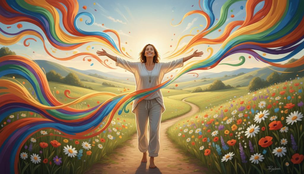 A stunning, uplifting scene depicting the essence of vitality and energy, featuring a beautiful Caucasian woman in modest casual attire, radiating joy and positivity. In the foreground, she stands with her arms outstretched, surrounded by vibrant, swirling patterns of colorful light that symbolize energy and enthusiasm. The middle ground includes soft, flowing elements like abstract waves of color that amplify the feeling of movement and vitality. The background is a bright, sunny landscape with blooming flowers and gentle hills, creating a sense of openness and tranquility. Natural sunlight bathes the scene, casting warm, golden hues and soft shadows. The overall mood is one of inspiration and uplifting energy, evoking a positive mindset that resonates with the viewer.